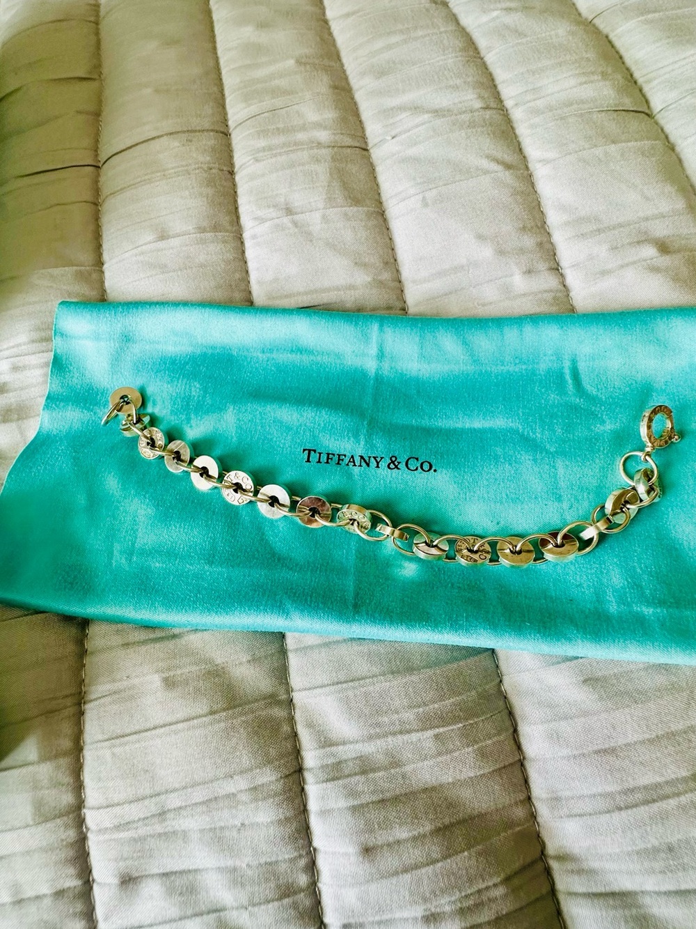 Tiffany & Co. Silver Link Bracelet with Turquoise Pouch